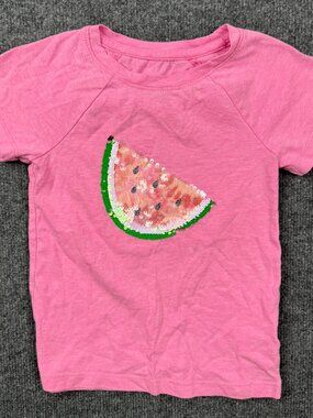 Cat & Jack Girls Pink Watermelon Flip Sequin Shirt Size XS 4/5 Short Sleeve